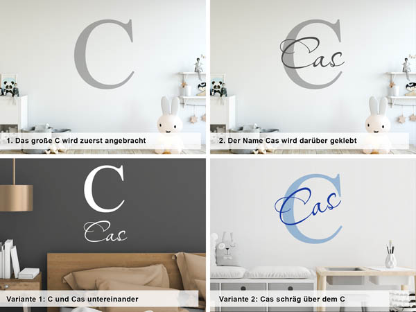 Verschiedene Anordnungen des Wandtattoos Cas