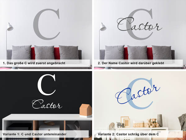 Verschiedene Anordnungen des Wandtattoos Castor