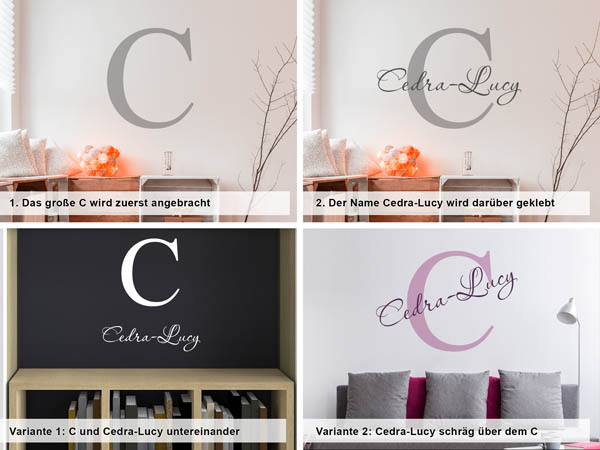 Verschiedene Anordnungen des Wandtattoos Cedra-Lucy
