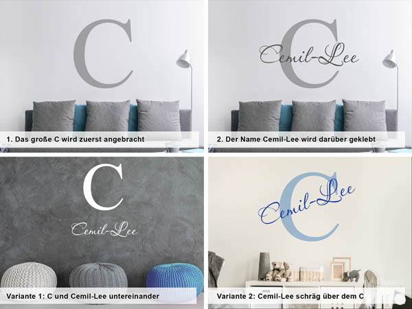 Verschiedene Anordnungen des Wandtattoos Cemil-Lee