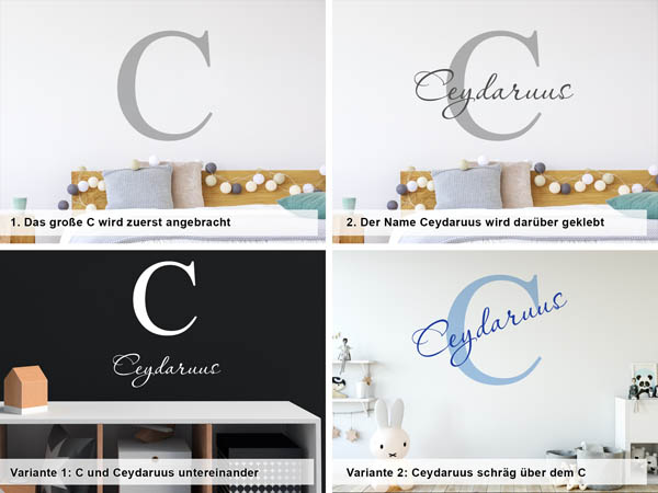 Verschiedene Anordnungen des Wandtattoos Ceydaruus