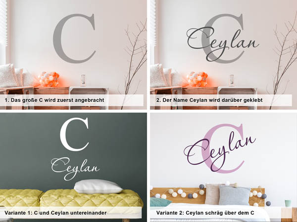 Verschiedene Anordnungen des Wandtattoos Ceylan