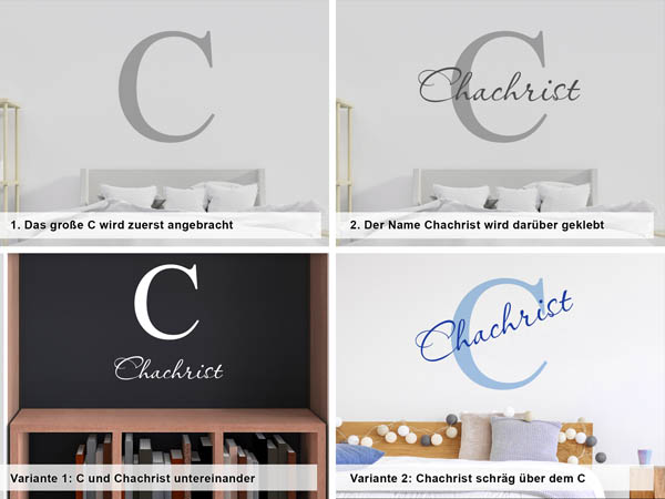 Verschiedene Anordnungen des Wandtattoos Chachrist