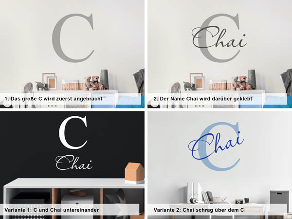 Verschiedene Anordnungen des Wandtattoos Chai