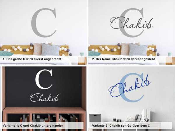 Verschiedene Anordnungen des Wandtattoos Chakib