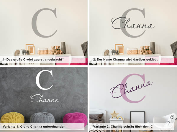 Verschiedene Anordnungen des Wandtattoos Channa