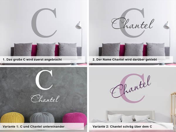 Verschiedene Anordnungen des Wandtattoos Chantel