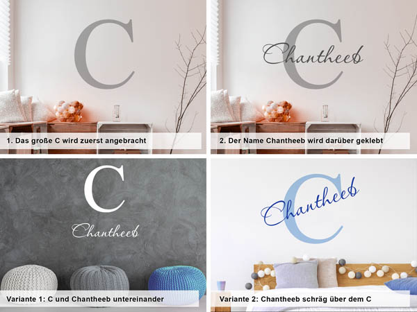 Verschiedene Anordnungen des Wandtattoos Chantheeb