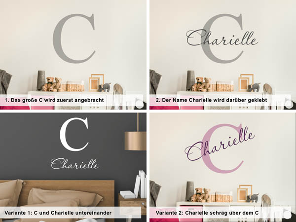 Verschiedene Anordnungen des Wandtattoos Charielle