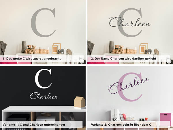 Verschiedene Anordnungen des Wandtattoos Charleen
