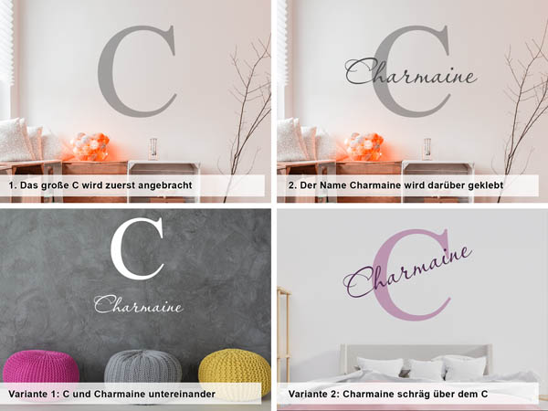 Verschiedene Anordnungen des Wandtattoos Charmaine