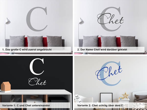 Verschiedene Anordnungen des Wandtattoos Chet