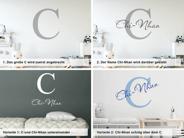 Verschiedene Anordnungen des Wandtattoos Chi-Nhan