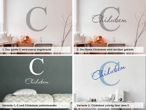 Verschiedene Anordnungen des Wandtattoos Chidubem
