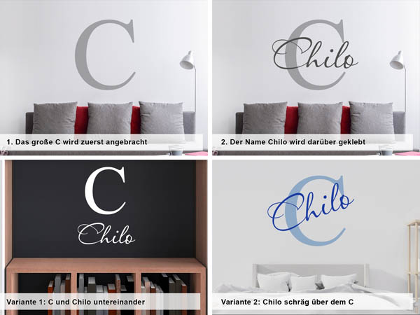 Verschiedene Anordnungen des Wandtattoos Chilo