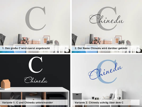 Verschiedene Anordnungen des Wandtattoos Chinedu