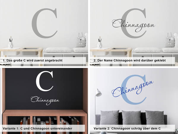 Verschiedene Anordnungen des Wandtattoos Chinnagoon