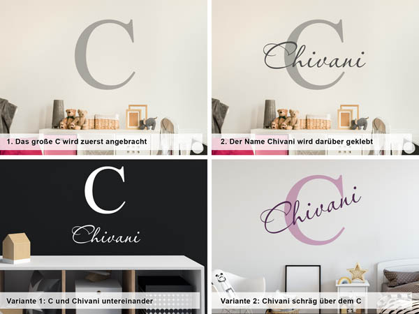 Verschiedene Anordnungen des Wandtattoos Chivani