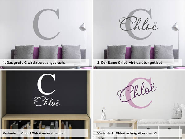 Verschiedene Anordnungen des Wandtattoos Chloë