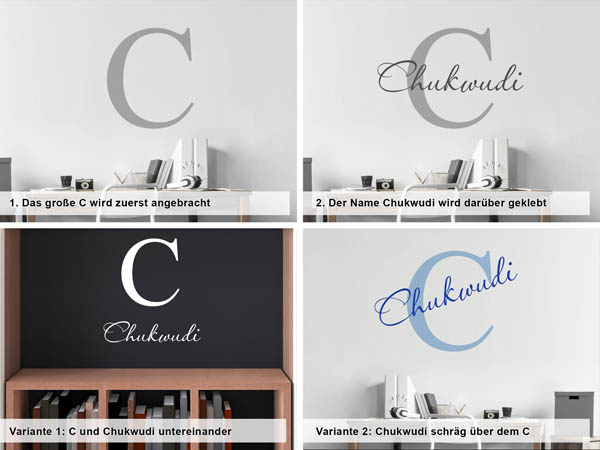 Verschiedene Anordnungen des Wandtattoos Chukwudi