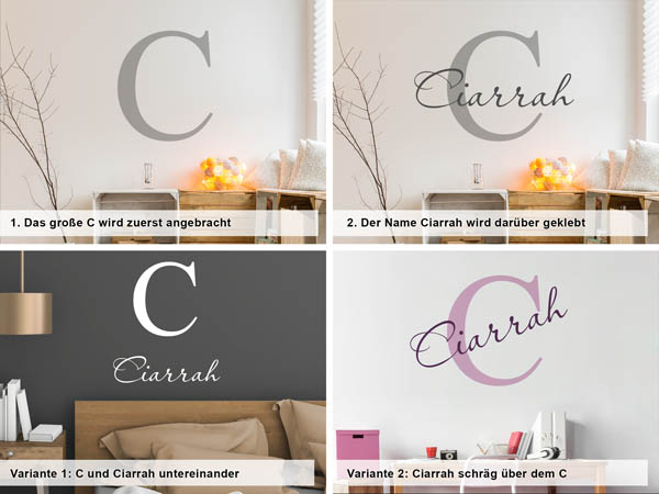 Verschiedene Anordnungen des Wandtattoos Ciarrah
