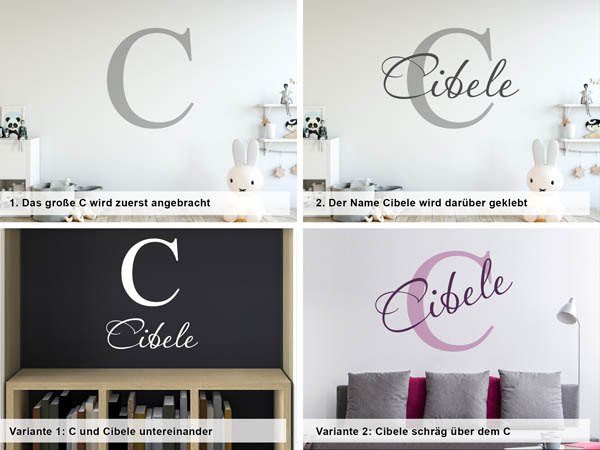 Verschiedene Anordnungen des Wandtattoos Cibele