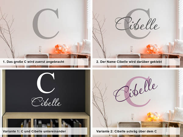 Verschiedene Anordnungen des Wandtattoos Cibelle