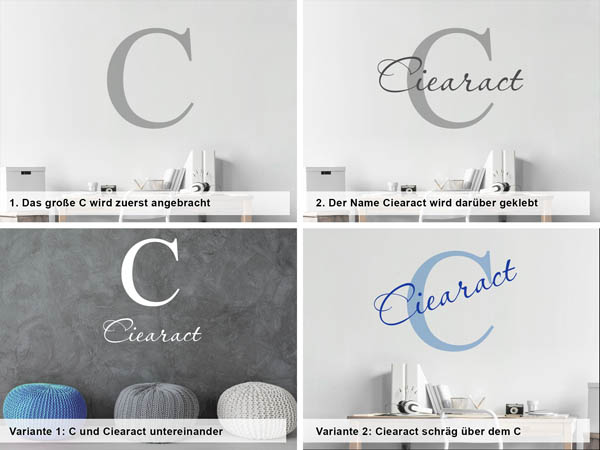 Verschiedene Anordnungen des Wandtattoos Ciearact