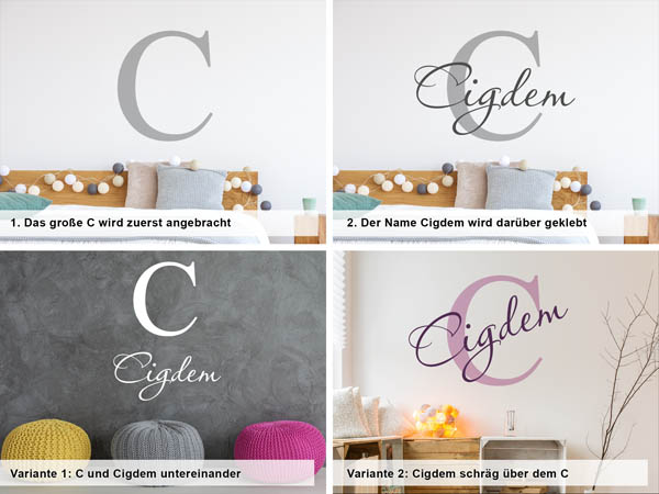 Verschiedene Anordnungen des Wandtattoos Cigdem