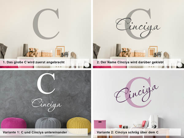 Verschiedene Anordnungen des Wandtattoos Cinciya