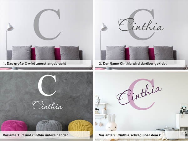 Verschiedene Anordnungen des Wandtattoos Cinthia