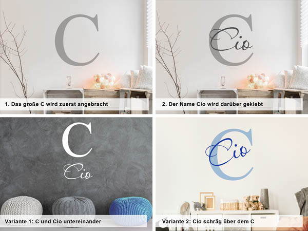 Verschiedene Anordnungen des Wandtattoos Cio