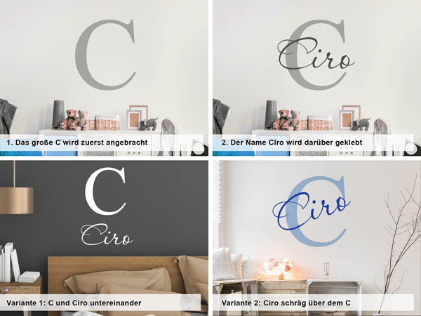 Verschiedene Anordnungen des Wandtattoos Ciro