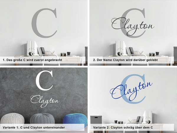 Verschiedene Anordnungen des Wandtattoos Clayton