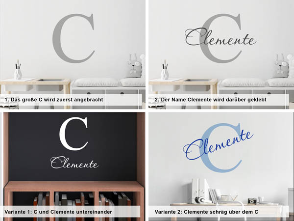 Verschiedene Anordnungen des Wandtattoos Clemente