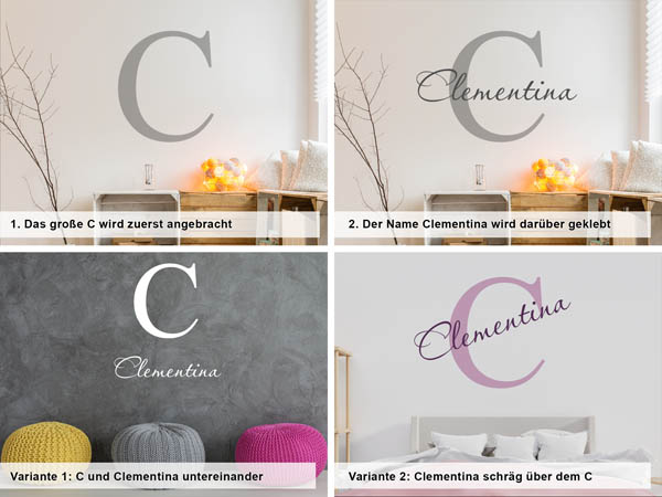 Verschiedene Anordnungen des Wandtattoos Clementina