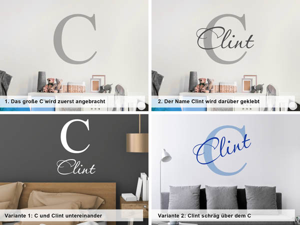 Verschiedene Anordnungen des Wandtattoos Clint