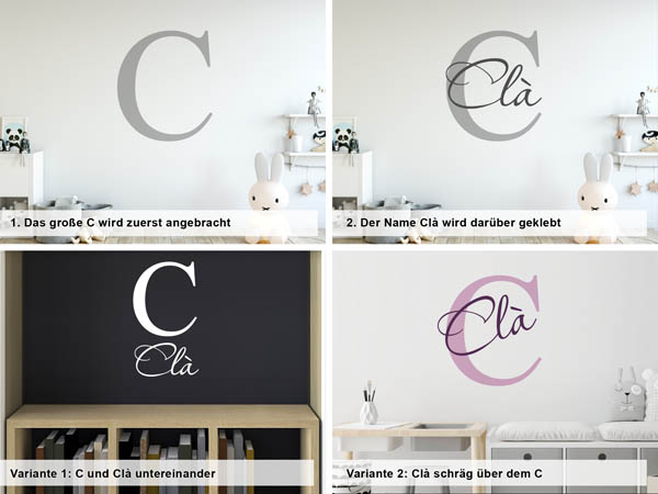 Verschiedene Anordnungen des Wandtattoos Clà