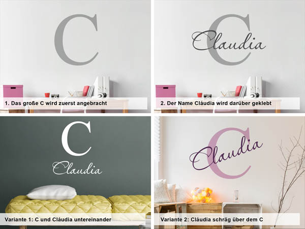 Verschiedene Anordnungen des Wandtattoos Cláudia