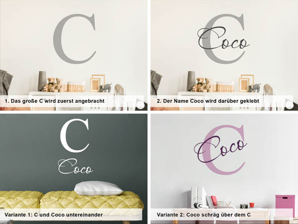 Verschiedene Anordnungen des Wandtattoos Coco