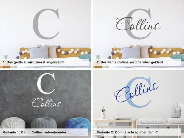 Verschiedene Anordnungen des Wandtattoos Collins