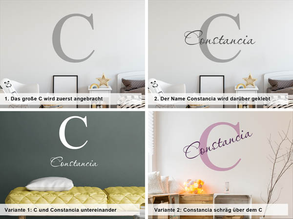 Verschiedene Anordnungen des Wandtattoos Constancia