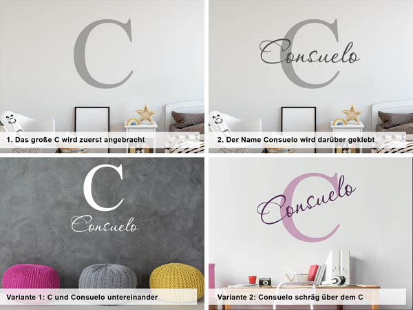 Verschiedene Anordnungen des Wandtattoos Consuelo