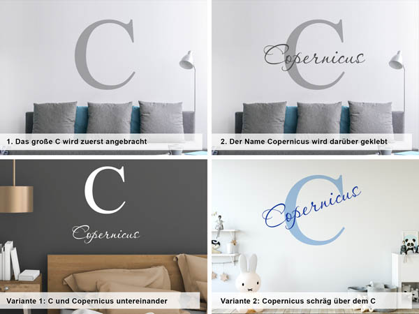 Verschiedene Anordnungen des Wandtattoos Copernicus