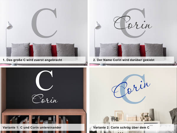 Verschiedene Anordnungen des Wandtattoos Corin