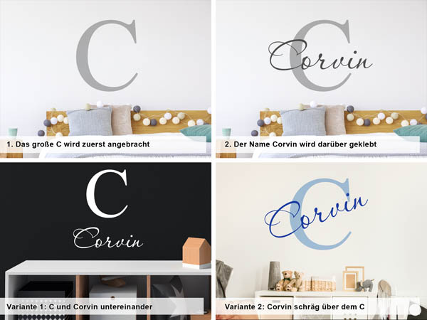 Verschiedene Anordnungen des Wandtattoos Corvin
