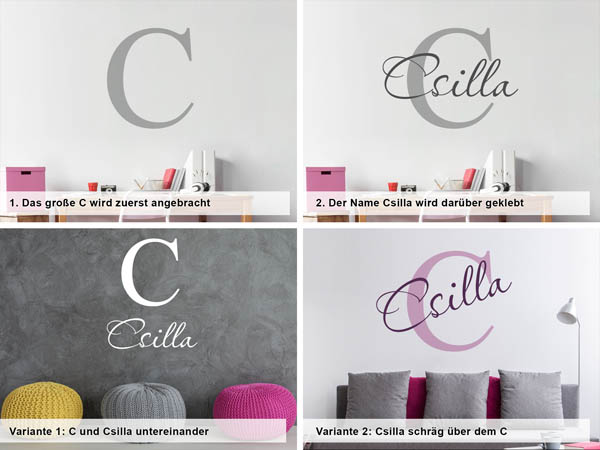 Verschiedene Anordnungen des Wandtattoos Csilla