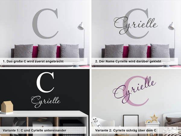 Verschiedene Anordnungen des Wandtattoos Cyrielle