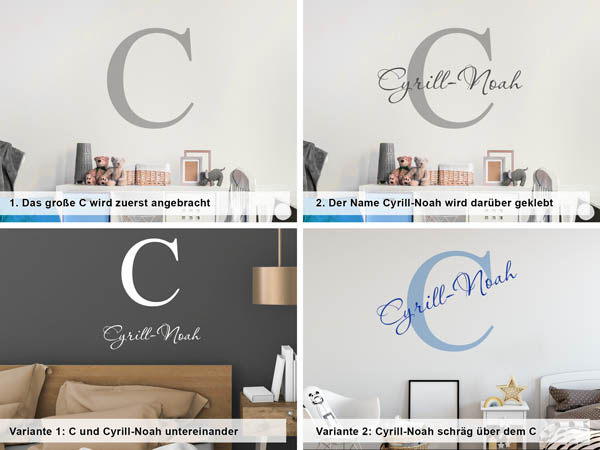 Verschiedene Anordnungen des Wandtattoos Cyrill-Noah