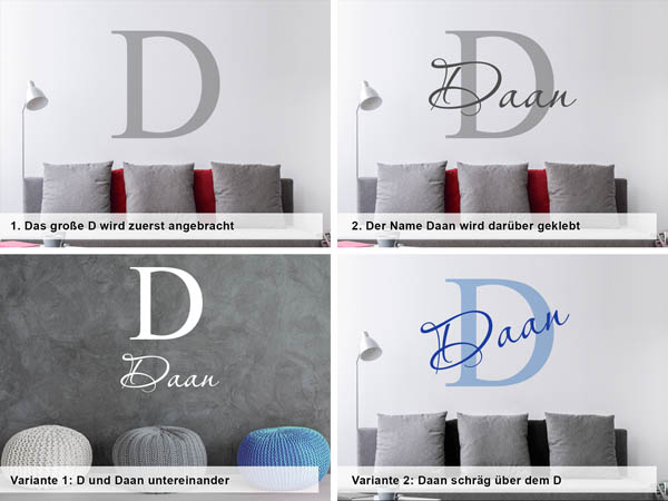 Verschiedene Anordnungen des Wandtattoos Daan
